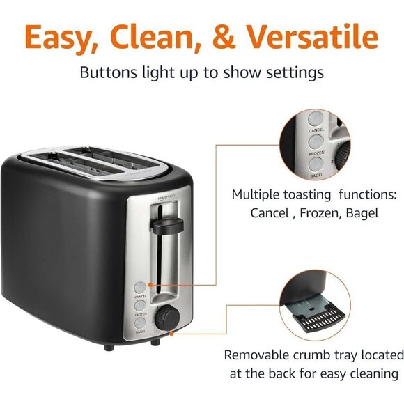 Amazon Basic 2 Slice Extra Wide Slot Toaster Black & Silver Removable Crumb Tray - Picture 4 of 6